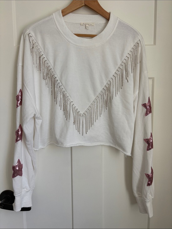 Tops - White Cropped Sweatshirt with Silver Fringe & Pink Sequin Stars
